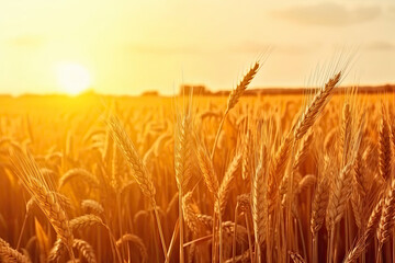 Obraz premium Wheat grain ear and rye field on yellow sunset sky background.
