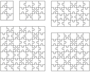 Illustration of five white puzzles, separate pieces