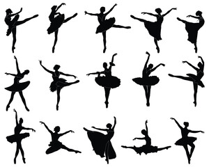 Black silhouettes of ballerinas on white background - obrazy, fototapety, plakaty