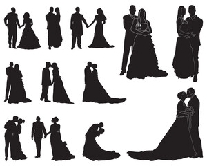 Black silhouettes of newlyweds on white background	