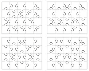 Illustration of four white puzzles, separate pieces