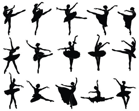 Black silhouettes of ballerinas on white background
