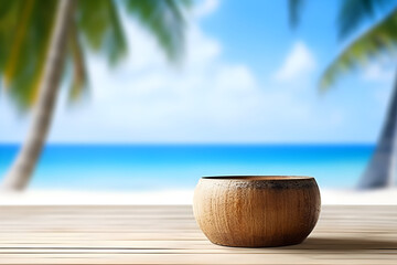 Obraz premium Summer Travel Concept. Scene on the Beach, with Wood Bowl on Table. Generative Ai.