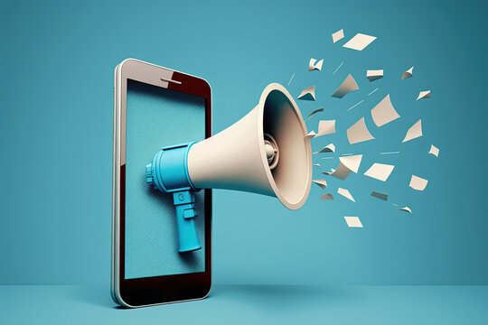 Cell phone and megaphone, megaphone on mobile phone screen, blue background, Generative AI	
