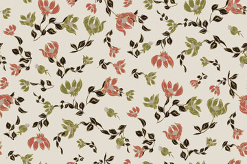 Autumn feminine seamless pattern with wildflowers in orange and brown tones