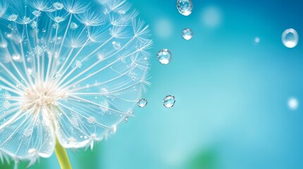Dandelion Seeds in droplets of water on blue and turquoise beautiful background with soft focus in nature macro with Ai Generative Technology