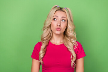 Portrait of young cute lady wavy blonde hair pouted lips minded flirty coquette girl look mockup...