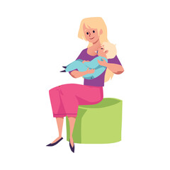Mother holding sleeping baby in her arms flat vector illustration isolated.