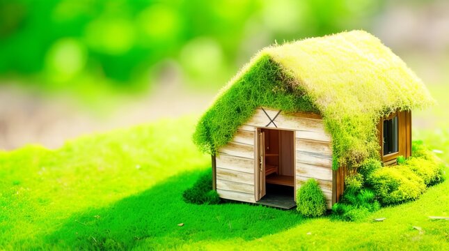 Eco house. Green and environmentally friendly housing concept. Miniature wooden house in spring grass, moss and ferns on a sunny day with Generative Ai Technology.
