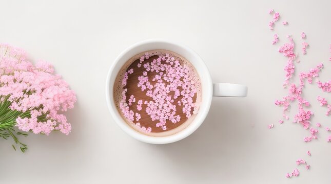  Top view photo of cup of frothy coffee gypsophila flowers and pink scarf on grey wooden desk background with blank space with Ai Generative Technology