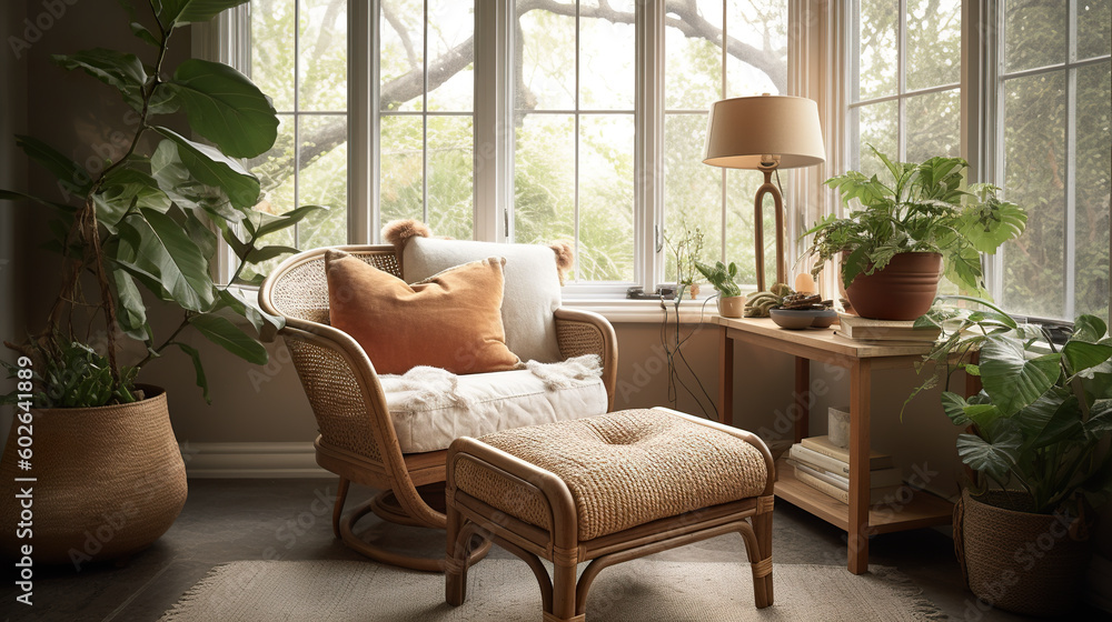 Poster a living room with a chair and a table. generative ai. lamp illuminating reading nook by large windo