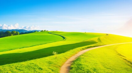 Fototapeta na wymiar Picturesque winding path through a green grass field in hilly area in morning at dawn against blue sky with clouds. Natural panoramic spring summer landscape Generative Ai Technology.
