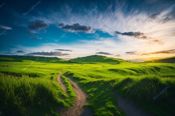 Obraz premium Picturesque winding path through a green grass field in hilly area in morning at dawn against blue sky with clouds. Natural panoramic spring summer landscape.