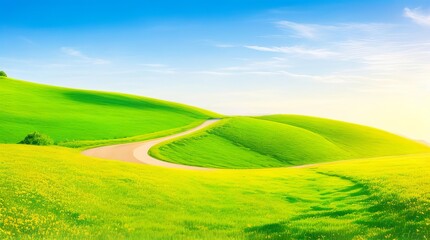 Picturesque winding path through a green grass field in hilly area in morning at dawn against blue sky with clouds. Natural panoramic spring summer landscape Generative Ai Technology.