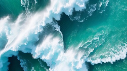 Spectacular aerial top view background photo of ocean sea water white wave splashing in the deep sea. Drone photo backdrop of sea wave in bird eye waves Generative Ai Technology.
