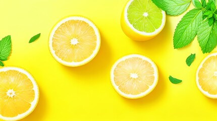 Top view of fresh and juicy oranges, lemons, limes, grapefruits, and mint leaves on a yellow background with an empty space for advertising with Ai Generative Technology