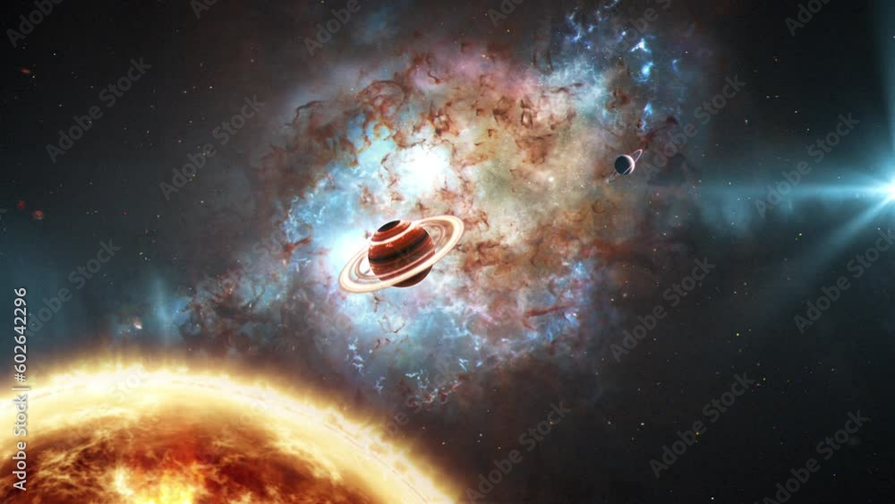 Poster abstract outer space view alien solar system with double quasar in distant planet universe backgroun