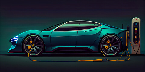 Obraz na płótnie Canvas Electric car near the charging station. Abstract illustration. EV car.