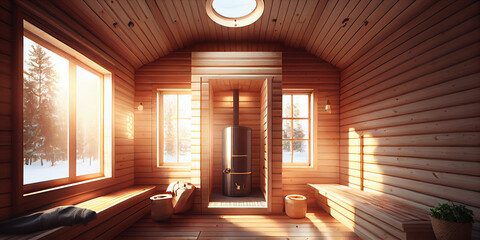 The interior of a large wooden sauna with large glass partitions.
