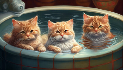 Three female cats relax in the bath, spa salon. Abstract illustration.
