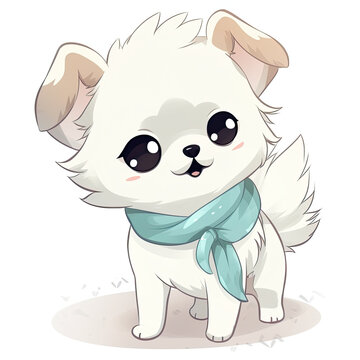 Cute white dog in mint blue scarf, cartoon chibi style, generative AI illustration