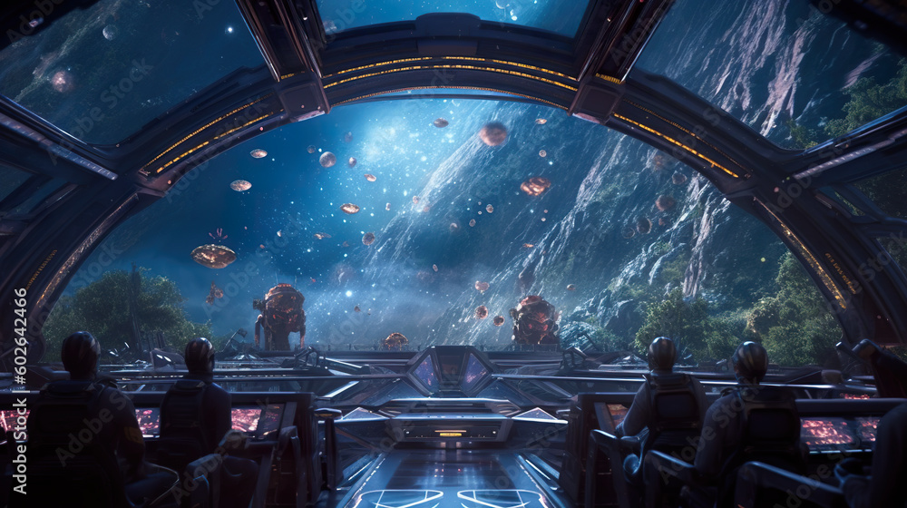 Poster a group of people sitting in a spaceship looking at a screen. generative ai.