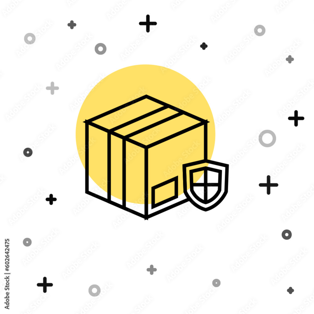 Poster black line delivery security with shield icon isolated on white background. delivery insurance. insu