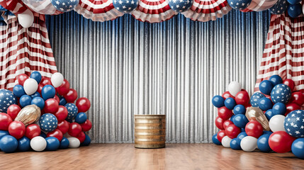 Patriotic stage decorations, red, white and blue balloons, stars and stripes of American flag, AI generative stage with podium.