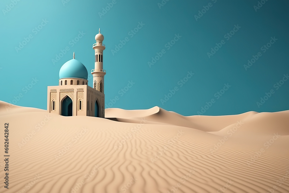 Aufkleber a small mosque in the middle of a desert. generative ai. festive background with copy-space.
