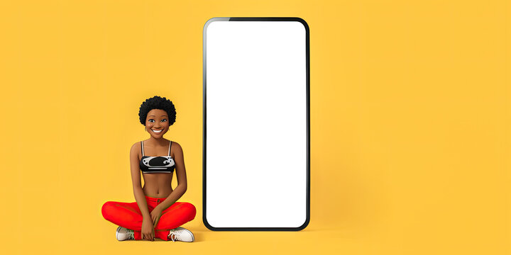 Smiling Happy Young Afro American Woman She Sit Near Big Huge Blank Screen Mobile Cell Phone With Workspace Copy Space Mockup Area Use Smartphone Isolated On Plain Yellow Backround. Generative AI