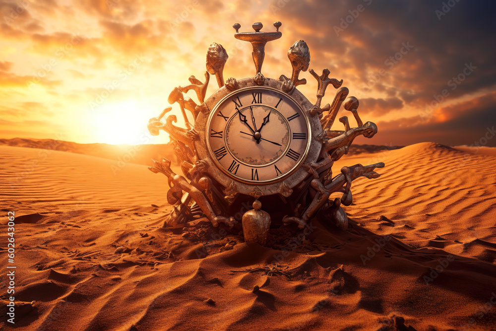 Poster a clock sitting in the middle of a desert. generative ai.