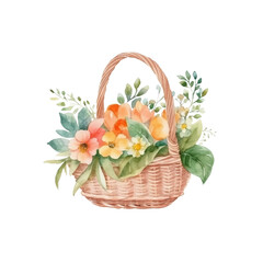 Fototapeta na wymiar Charming Watercolor Illustration: Cute Basket Filled with Spring Flowers, transparent png background, Created by Generative AI