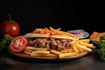 doner kebab meat sliced and arranged on a plate with some crispy fries