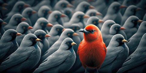Difference concept showing by extraordinary bird standing out of the crowd. superlative generative AI image. - obrazy, fototapety, plakaty