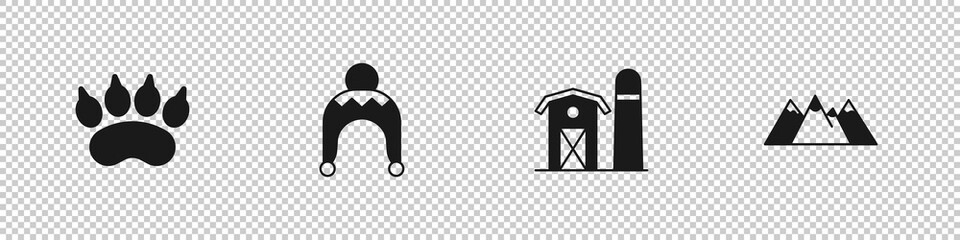 Set Bear paw footprint, Winter hat, Farm house and Mountains icon. Vector