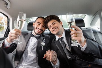 Smiling young gay newlyweds in formal wear holding hands and champagne while looking at camera...