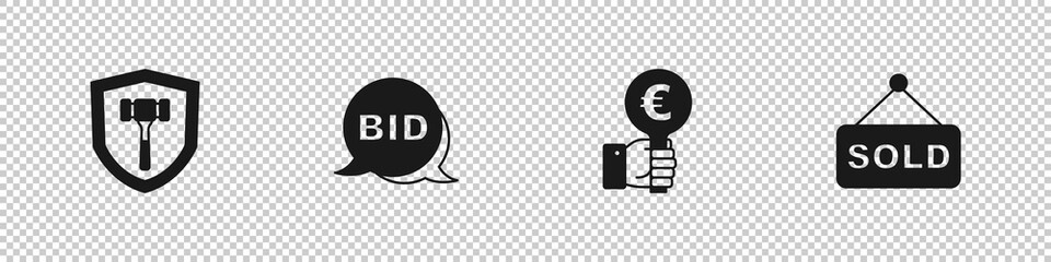 Set Auction hammer, Bid, Hand holding auction paddle and sold icon. Vector