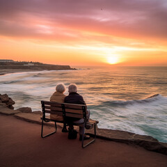 Fototapeta na wymiar Elderly couple on a bench looking at the sea. Generative AI.