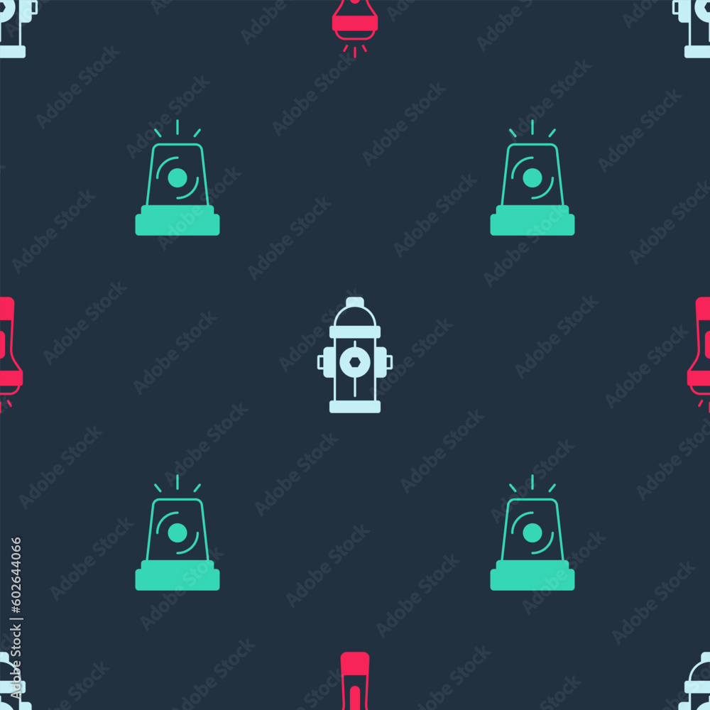 Poster set flashlight, fire hydrant and flasher siren on seamless pattern. vector