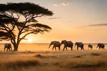Fototapeta na wymiar herd of elephants at sunset