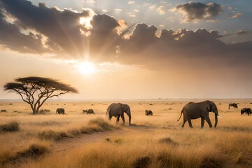 Naklejka na ściany i meble herd of elephants at sunset