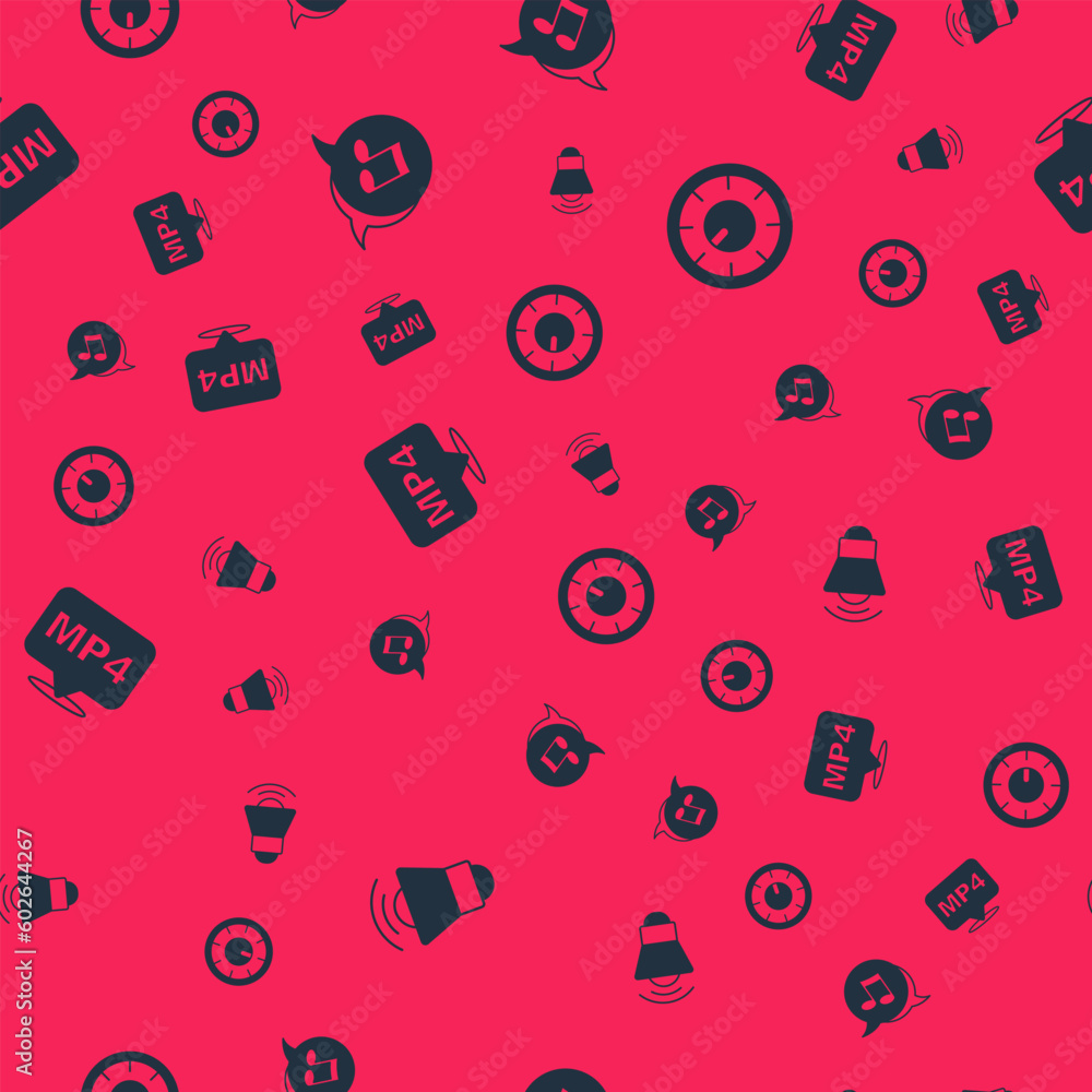 Poster set megaphone, music note, tone, mp4 file document and sound mixer controller on seamless pattern. v