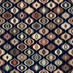 Fototapeta premium Modern art wavy geometric motif. Seamless repeating pattern. Retro style decorative multicolored ornament on a black background. Vector image for textile, wrapping, print, and decoration.