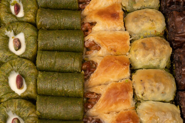 A variety of turkish sweet baklava. Walnut baklava.