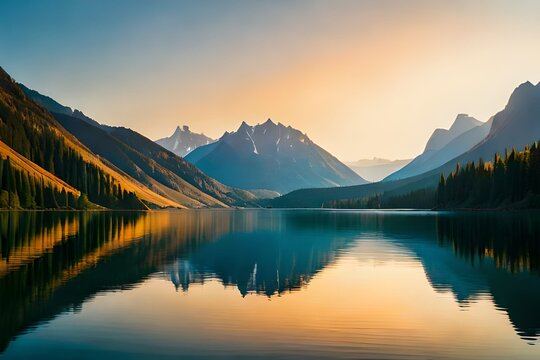 sunrise over the lake  surronded with mountains - Generative AI Technology
