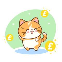 Vector kawaii cute cat mascot with gold coin Great Britain Pound illustration rich cat GBP