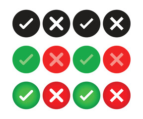 Green Approval check mark and Red wrong buttons in circle icon Set , Checkmark and X mark icon set