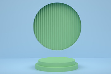 Pastel green cylinder podium with steps on blue background