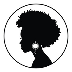Vector Cameo of a beautiful black woman with an afro and earrings in a round frame - 602644644