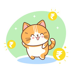 Vector kawaii cute cat mascot with gold coin rupee illustration rich cat INR	
